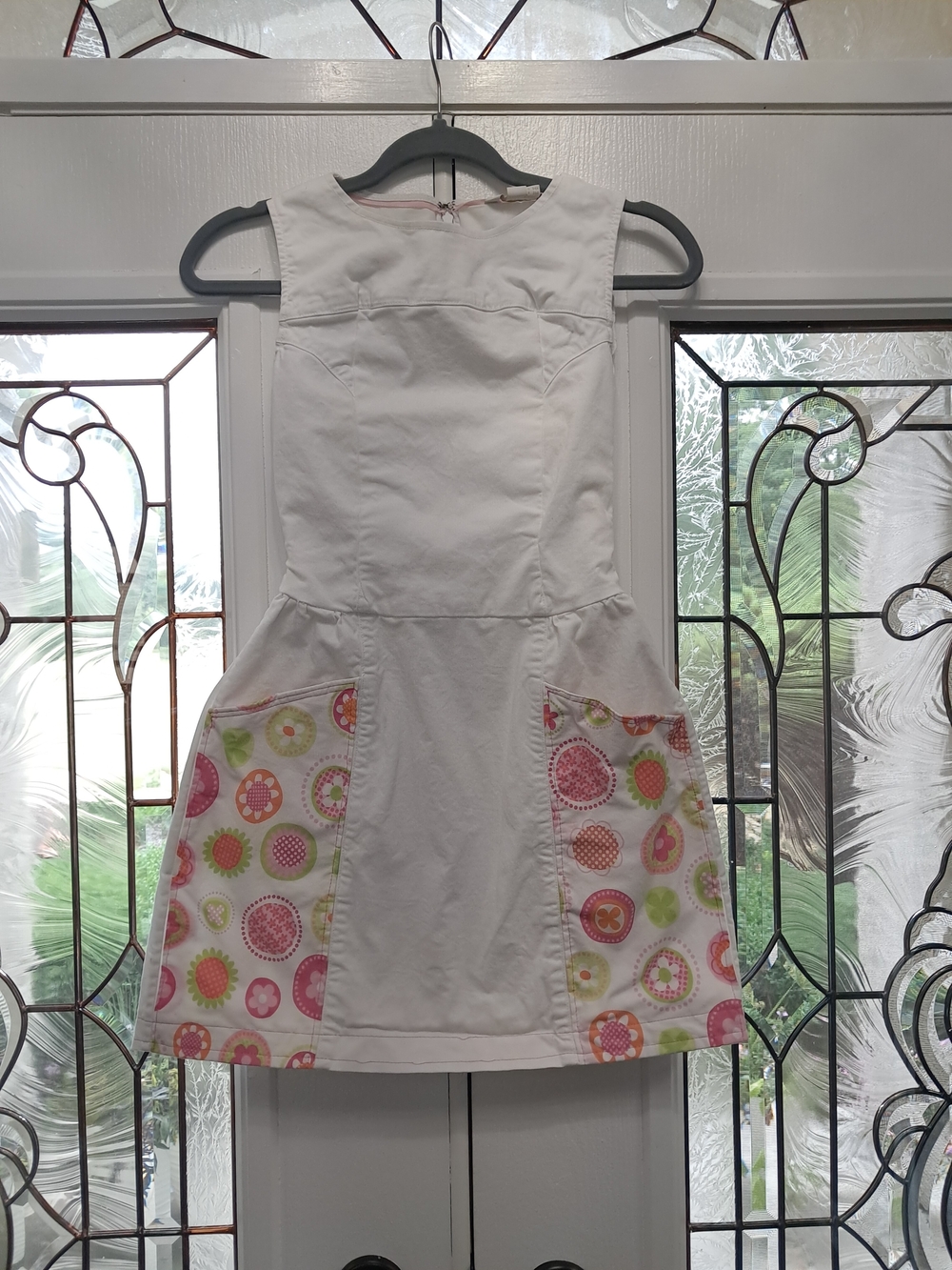 Boden White Sleeveless Dress with Pink & Green Circle Pockets Womens Sz 4R